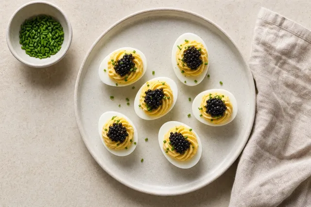 Deviled eggs each topped with a small spoon of caviar and chives.