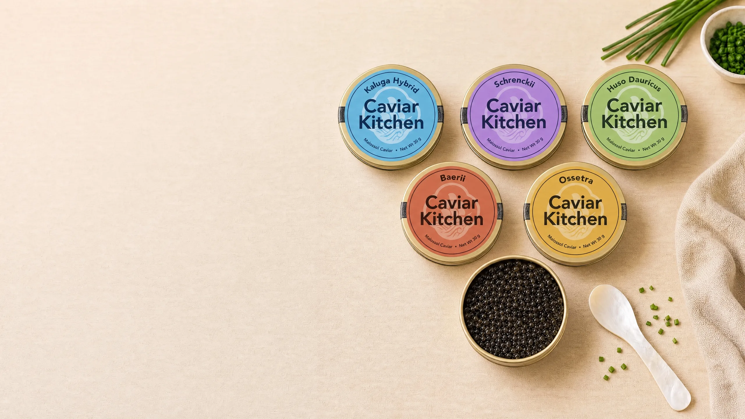 A Caviar Kitchen tasting box of five caviar tins, one per sturgeon species.