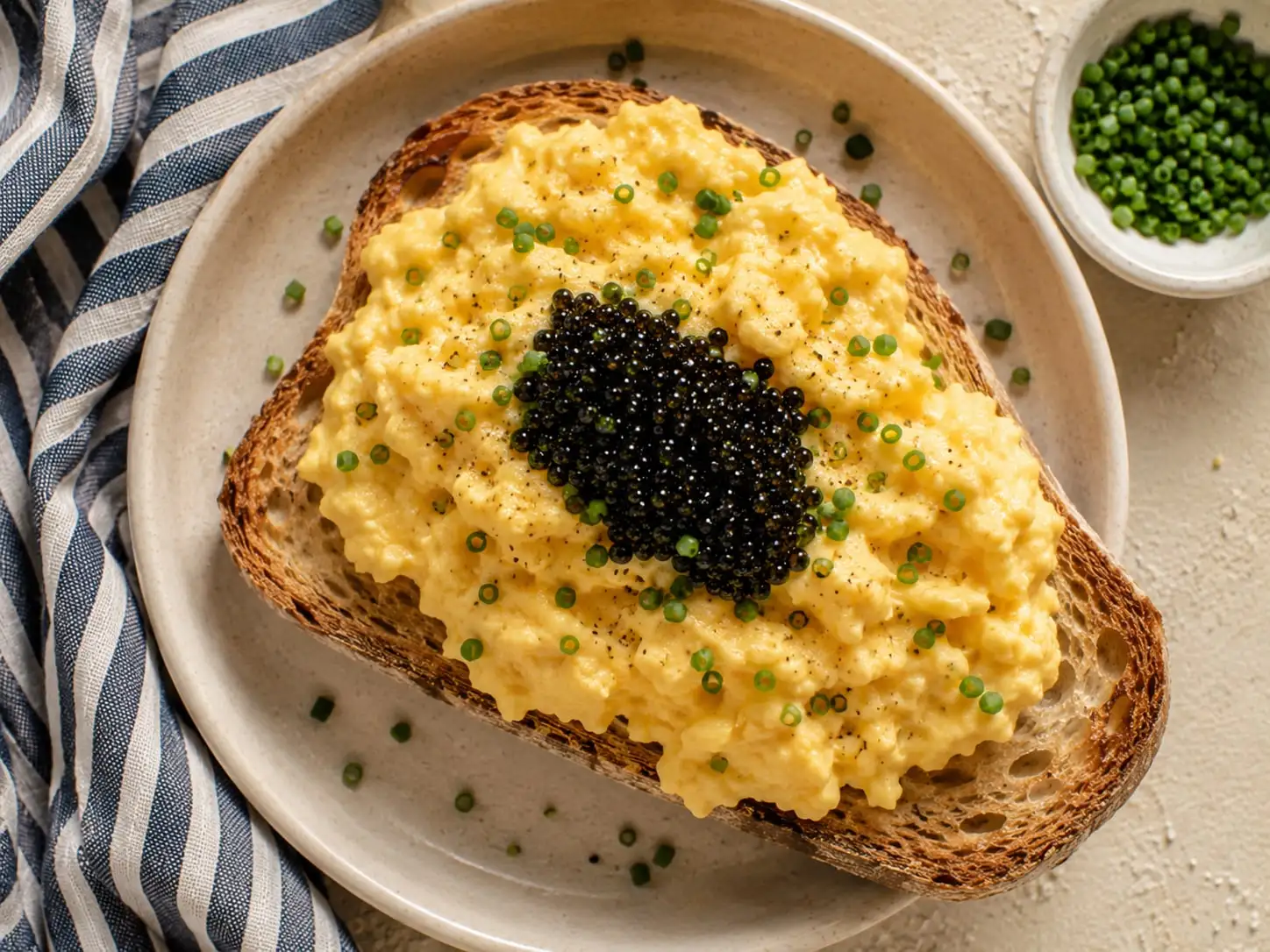 Soft scrambled eggs on toasted sourdough topped with black caviar and chives.