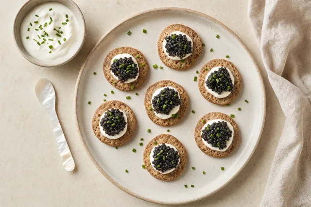 Buckwheat blini topped with crème fraîche and caviar.