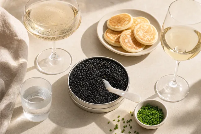 A chilled glass beside an open tin of caviar.