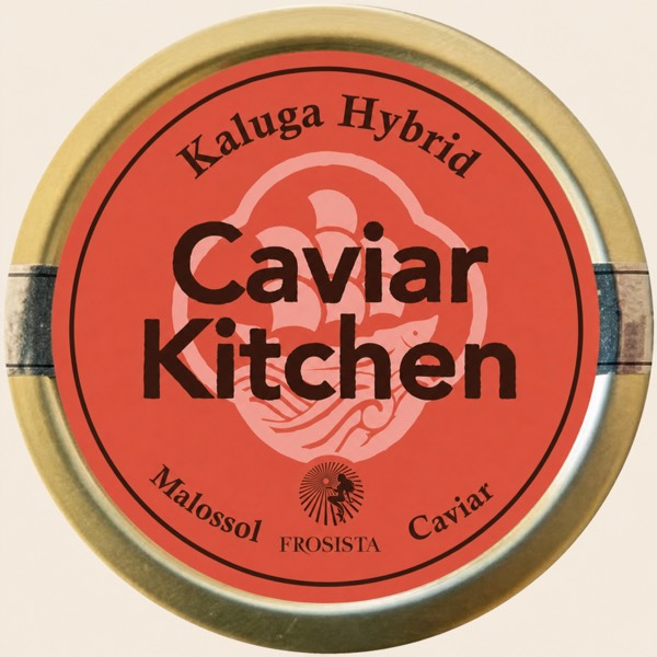 A small tin of Caviar Kitchen Kaluga Hybrid caviar on a kitchen counter.